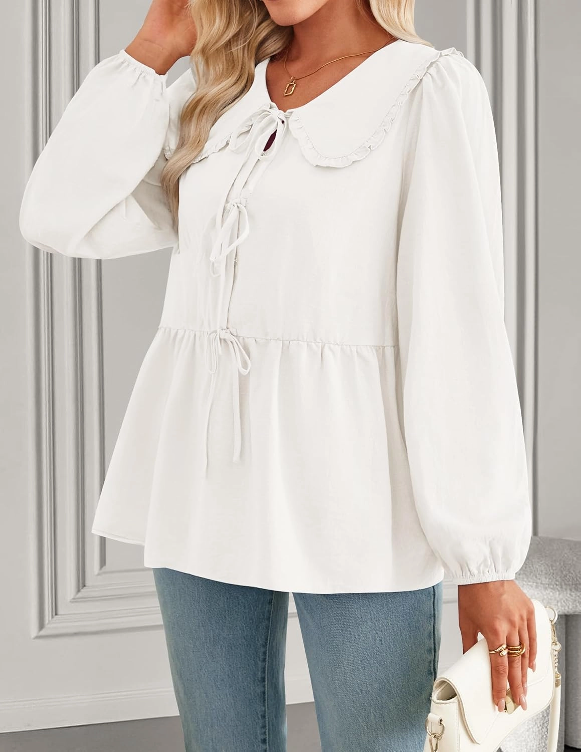ZESICA Women's Tie Front Peplum Tops Long Puff Sleeve Lapel Collar Cute Babydoll Blouses Shirts