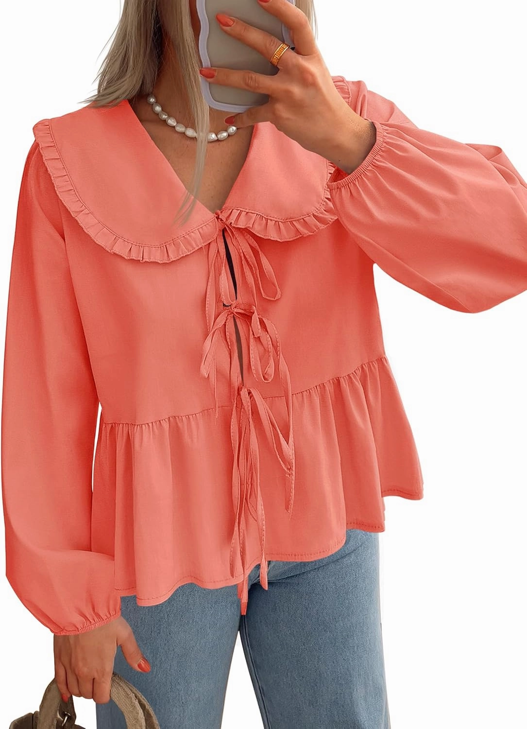 ZESICA Women's Tie Front Peplum Tops Long Puff Sleeve Lapel Collar Cute Babydoll Blouses Shirts