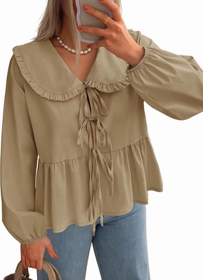 ZESICA Women's Tie Front Peplum Tops Long Puff Sleeve Lapel Collar Cute Babydoll Blouses Shirts