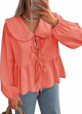 ZESICA Women's Tie Front Peplum Tops Long Puff Sleeve Lapel Collar Cute Babydoll Blouses Shirts