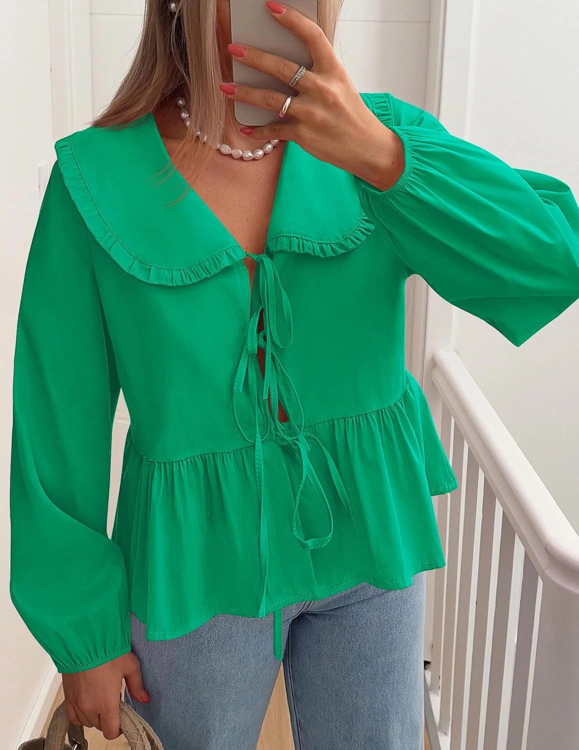 ZESICA Women's Tie Front Peplum Tops Long Puff Sleeve Lapel Collar Cute Babydoll Blouses Shirts