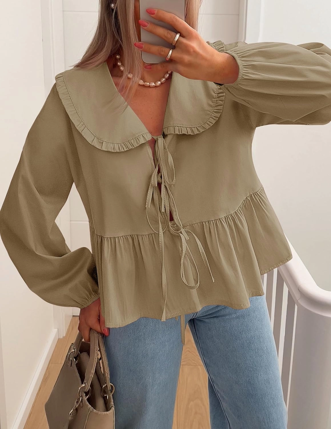 ZESICA Women's Tie Front Peplum Tops Long Puff Sleeve Lapel Collar Cute Babydoll Blouses Shirts