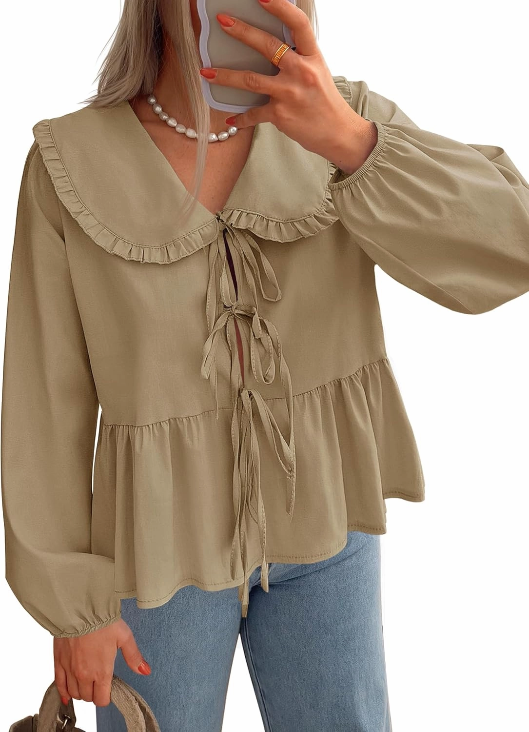 ZESICA Women's Tie Front Peplum Tops Long Puff Sleeve Lapel Collar Cute Babydoll Blouses Shirts