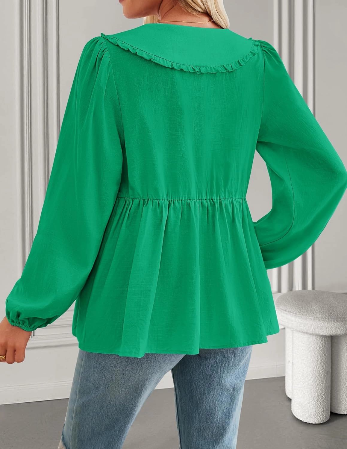 ZESICA Women's Tie Front Peplum Tops Long Puff Sleeve Lapel Collar Cute Babydoll Blouses Shirts