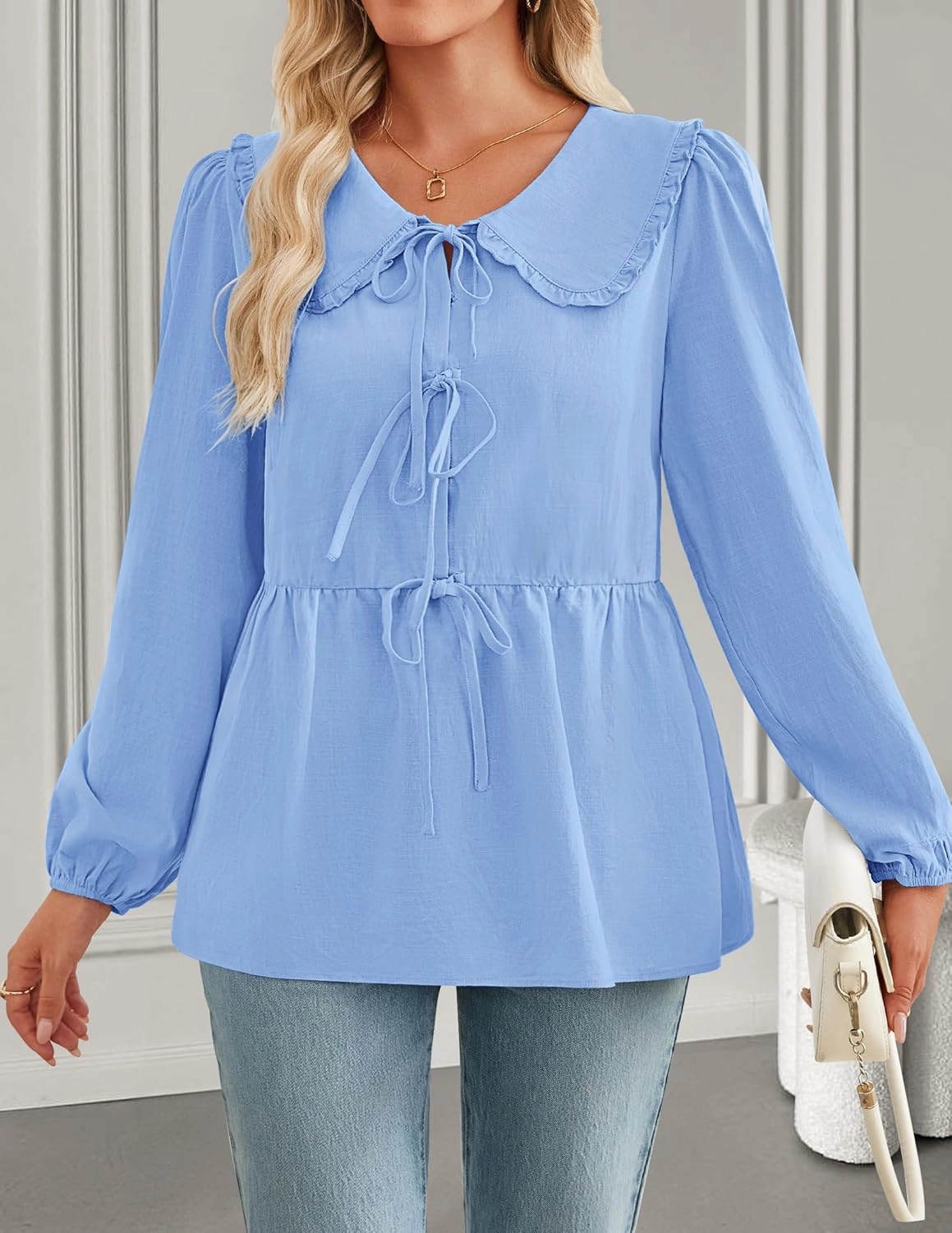 ZESICA Women's Tie Front Peplum Tops Long Puff Sleeve Lapel Collar Cute Babydoll Blouses Shirts