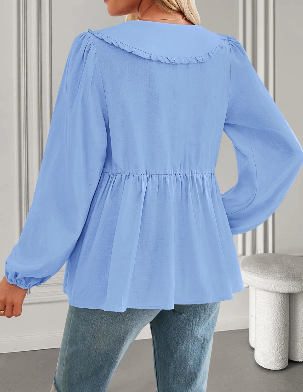 ZESICA Women's Tie Front Peplum Tops Long Puff Sleeve Lapel Collar Cute Babydoll Blouses Shirts