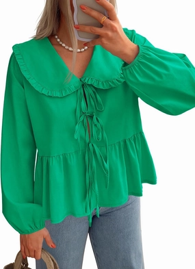 ZESICA Women's Tie Front Peplum Tops Long Puff Sleeve Lapel Collar Cute Babydoll Blouses Shirts