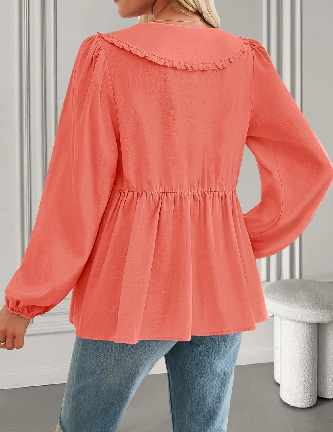 ZESICA Women's Tie Front Peplum Tops Long Puff Sleeve Lapel Collar Cute Babydoll Blouses Shirts