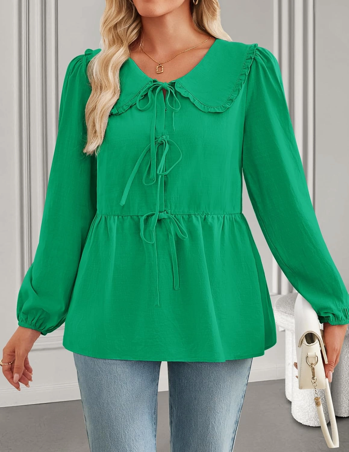 ZESICA Women's Tie Front Peplum Tops Long Puff Sleeve Lapel Collar Cute Babydoll Blouses Shirts
