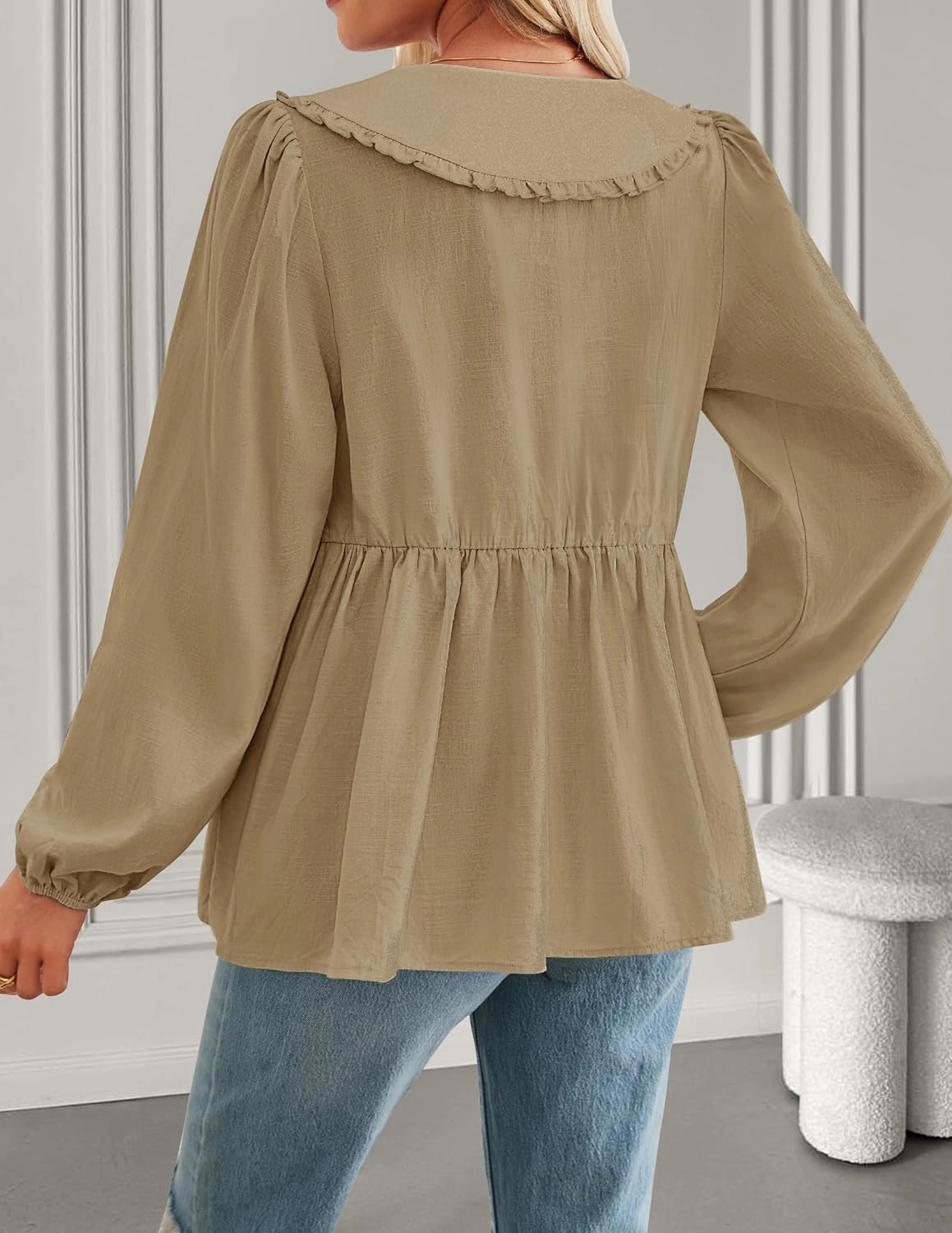 ZESICA Women's Tie Front Peplum Tops Long Puff Sleeve Lapel Collar Cute Babydoll Blouses Shirts