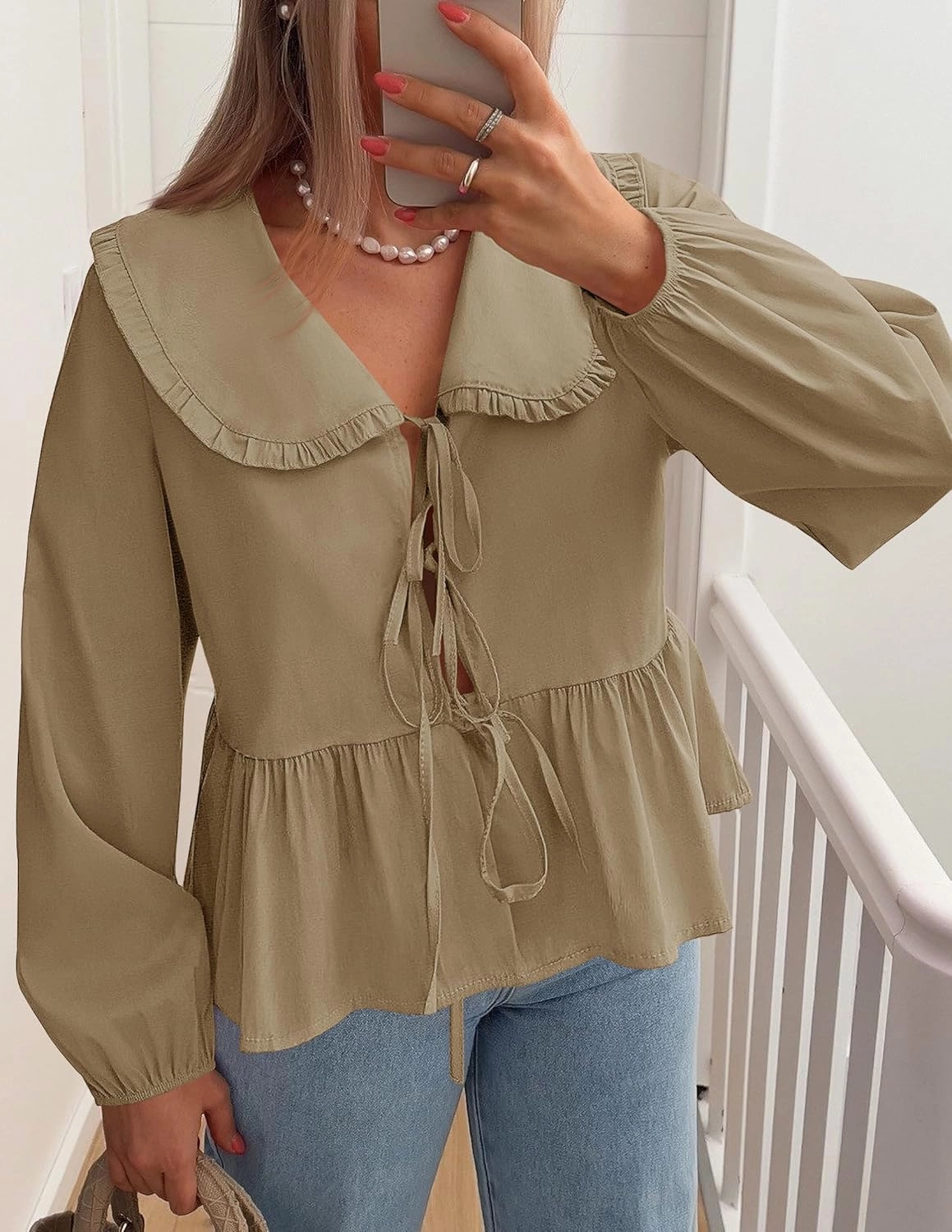 ZESICA Women's Tie Front Peplum Tops Long Puff Sleeve Lapel Collar Cute Babydoll Blouses Shirts