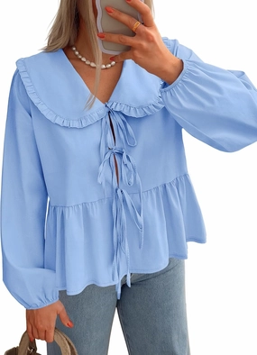 ZESICA Women's Tie Front Peplum Tops Long Puff Sleeve Lapel Collar Cute Babydoll Blouses Shirts