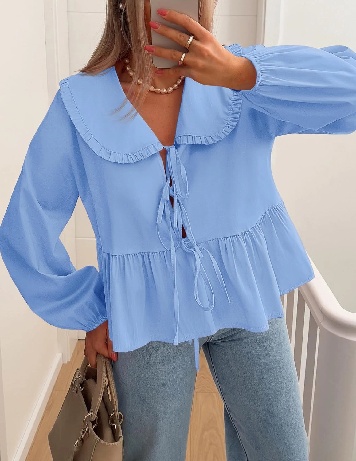 ZESICA Women's Tie Front Peplum Tops Long Puff Sleeve Lapel Collar Cute Babydoll Blouses Shirts