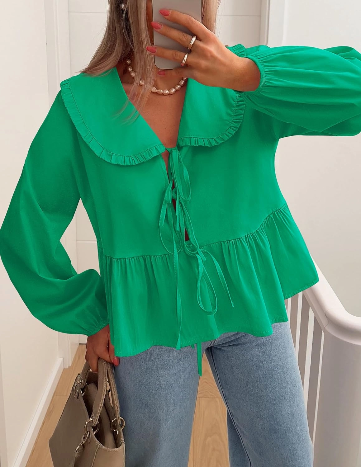 ZESICA Women's Tie Front Peplum Tops Long Puff Sleeve Lapel Collar Cute Babydoll Blouses Shirts