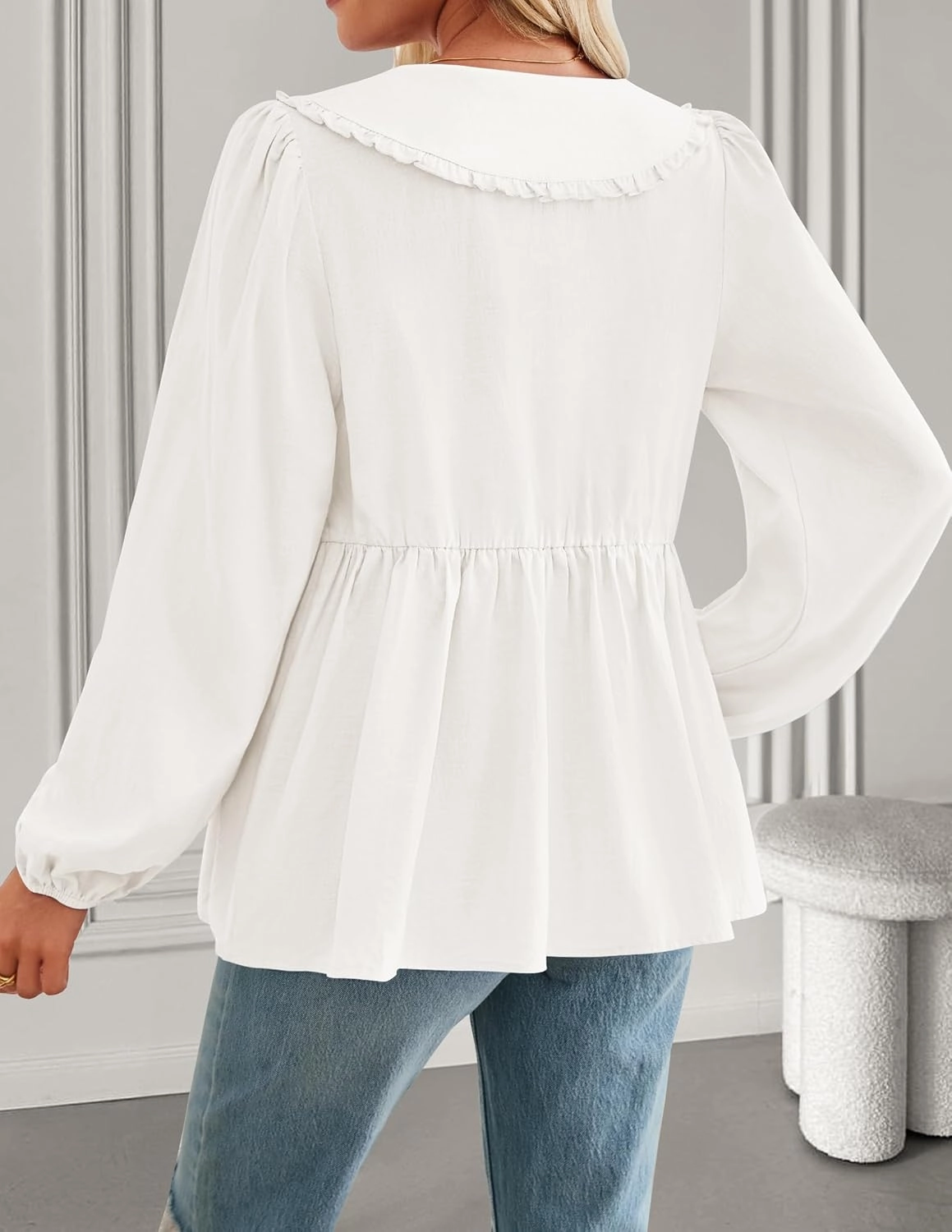 ZESICA Women's Tie Front Peplum Tops Long Puff Sleeve Lapel Collar Cute Babydoll Blouses Shirts