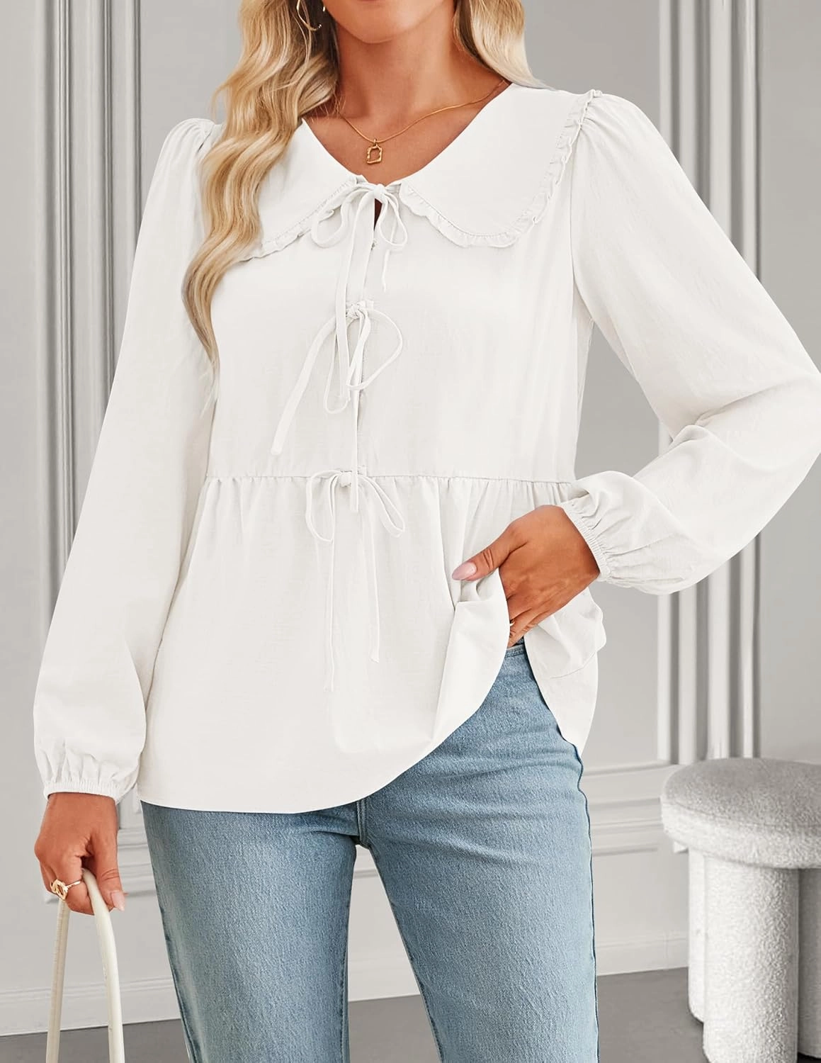 ZESICA Women's Tie Front Peplum Tops Long Puff Sleeve Lapel Collar Cute Babydoll Blouses Shirts