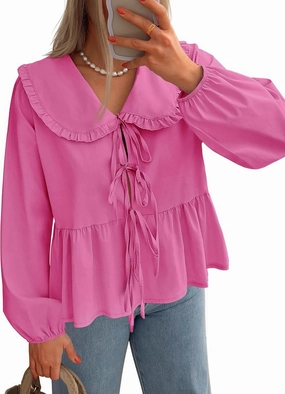 ZESICA Women's Tie Front Peplum Tops Long Puff Sleeve Lapel Collar Cute Babydoll Blouses Shirts
