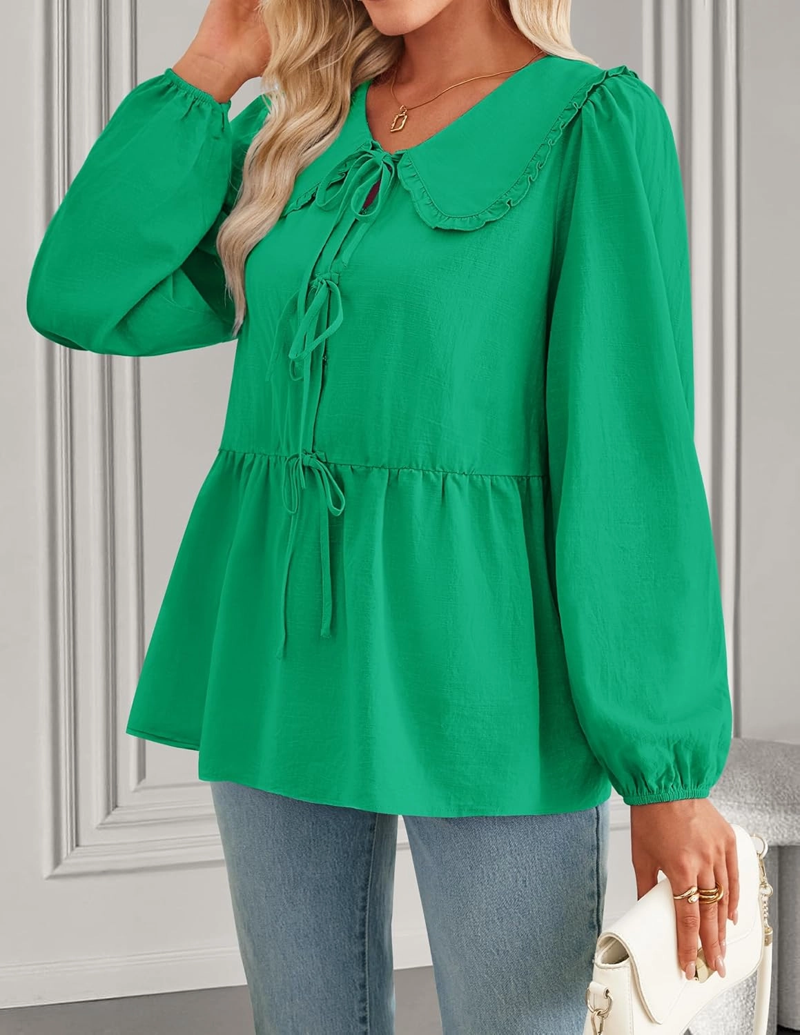 ZESICA Women's Tie Front Peplum Tops Long Puff Sleeve Lapel Collar Cute Babydoll Blouses Shirts