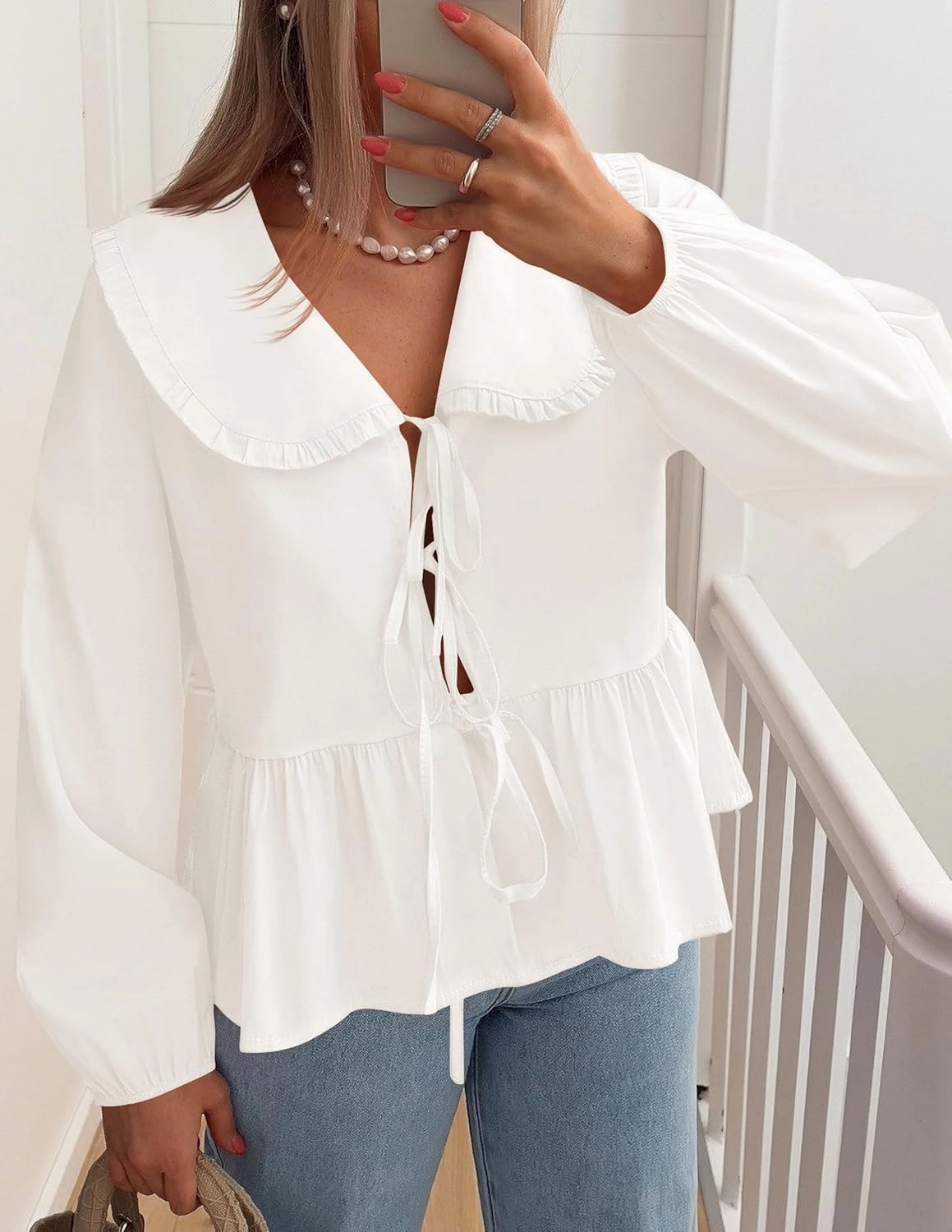 ZESICA Women's Tie Front Peplum Tops Long Puff Sleeve Lapel Collar Cute Babydoll Blouses Shirts