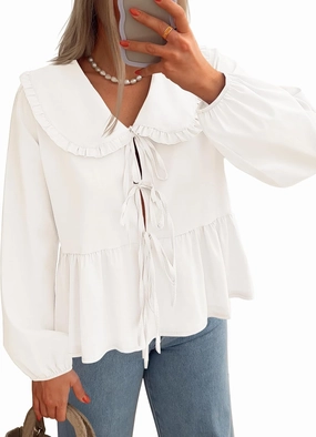 ZESICA Women's Tie Front Peplum Tops Long Puff Sleeve Lapel Collar Cute Babydoll Blouses Shirts