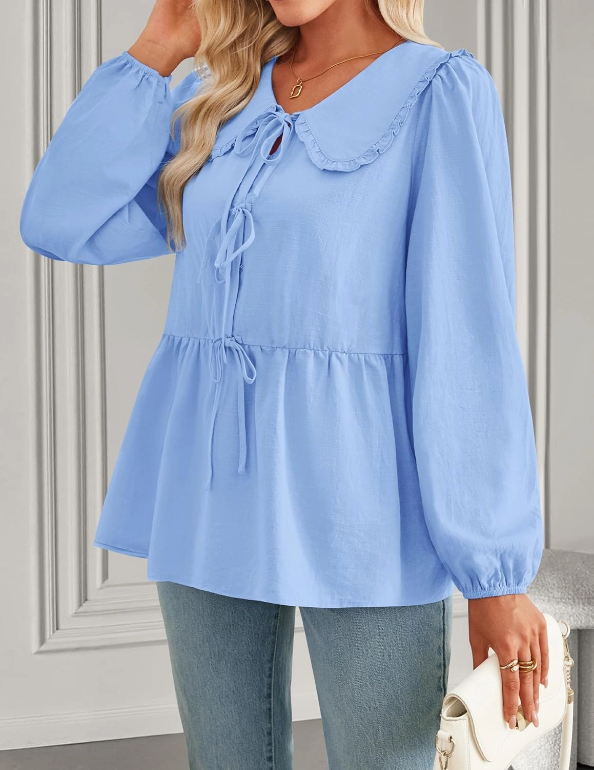 ZESICA Women's Tie Front Peplum Tops Long Puff Sleeve Lapel Collar Cute Babydoll Blouses Shirts