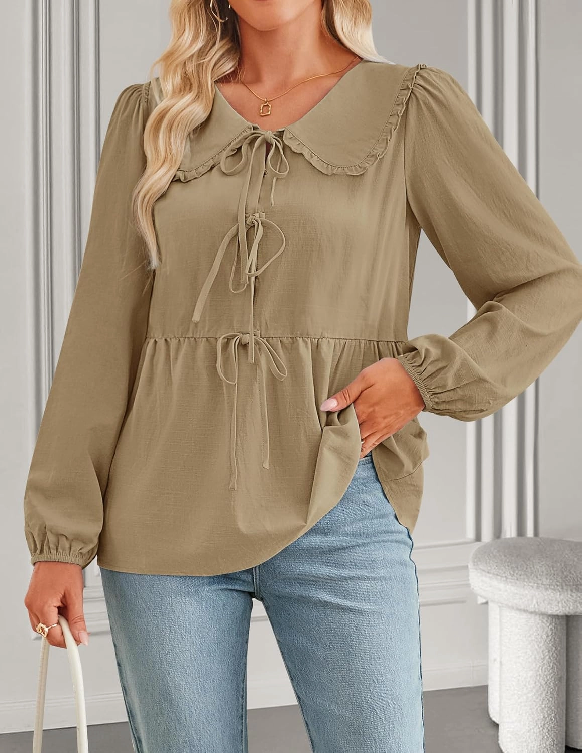 ZESICA Women's Tie Front Peplum Tops Long Puff Sleeve Lapel Collar Cute Babydoll Blouses Shirts