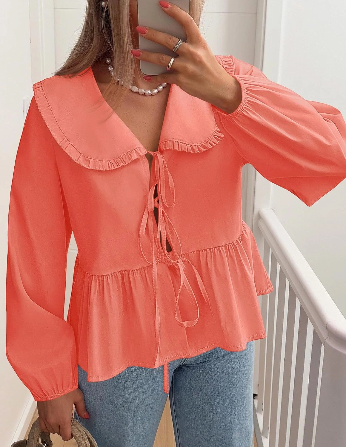 ZESICA Women's Tie Front Peplum Tops Long Puff Sleeve Lapel Collar Cute Babydoll Blouses Shirts