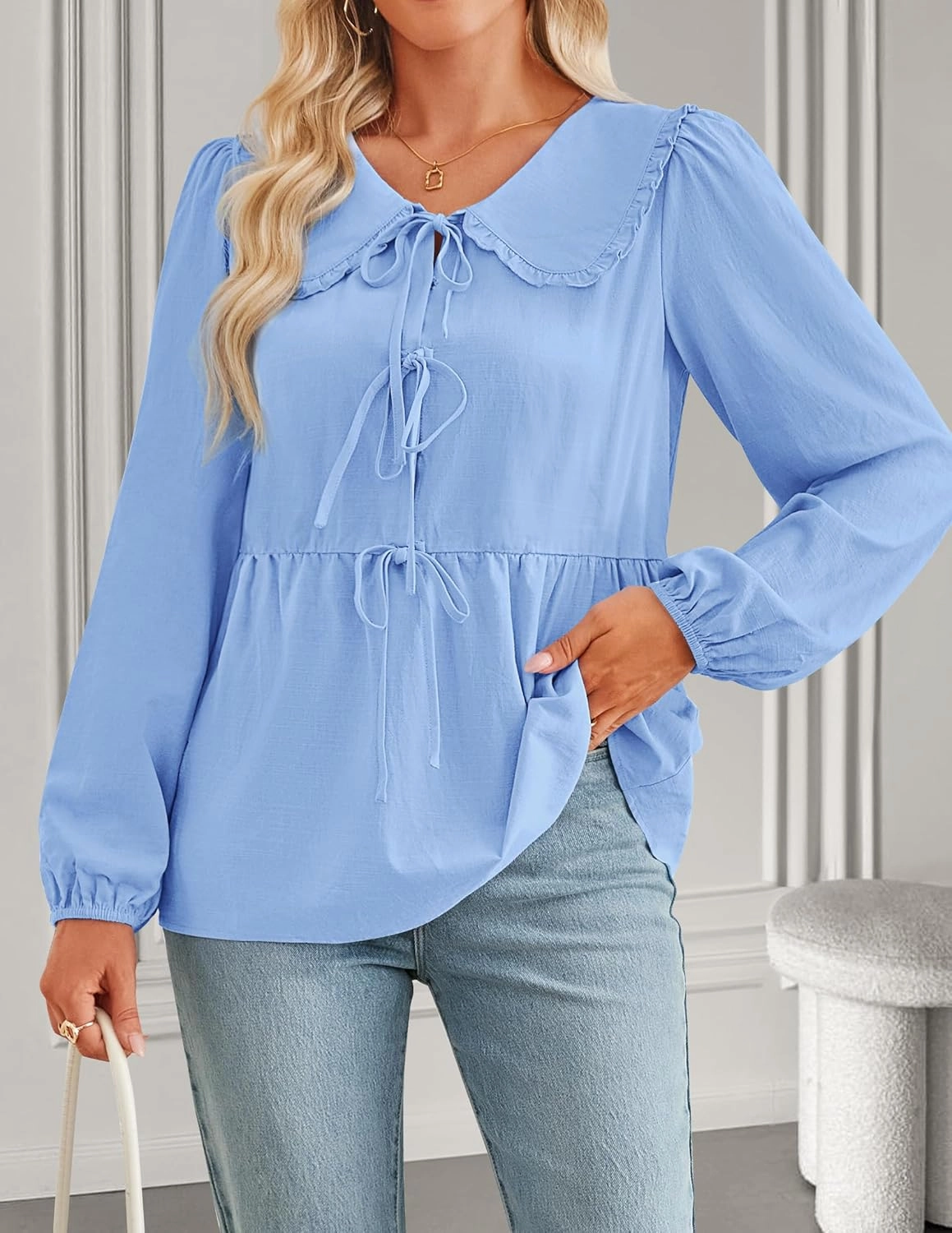 ZESICA Women's Tie Front Peplum Tops Long Puff Sleeve Lapel Collar Cute Babydoll Blouses Shirts