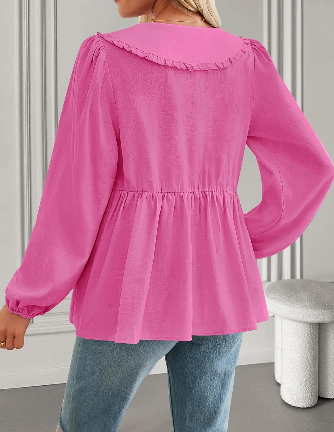 ZESICA Women's Tie Front Peplum Tops Long Puff Sleeve Lapel Collar Cute Babydoll Blouses Shirts