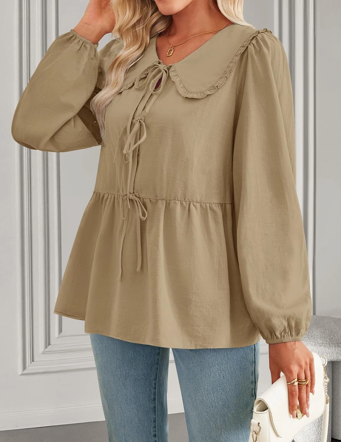 ZESICA Women's Tie Front Peplum Tops Long Puff Sleeve Lapel Collar Cute Babydoll Blouses Shirts