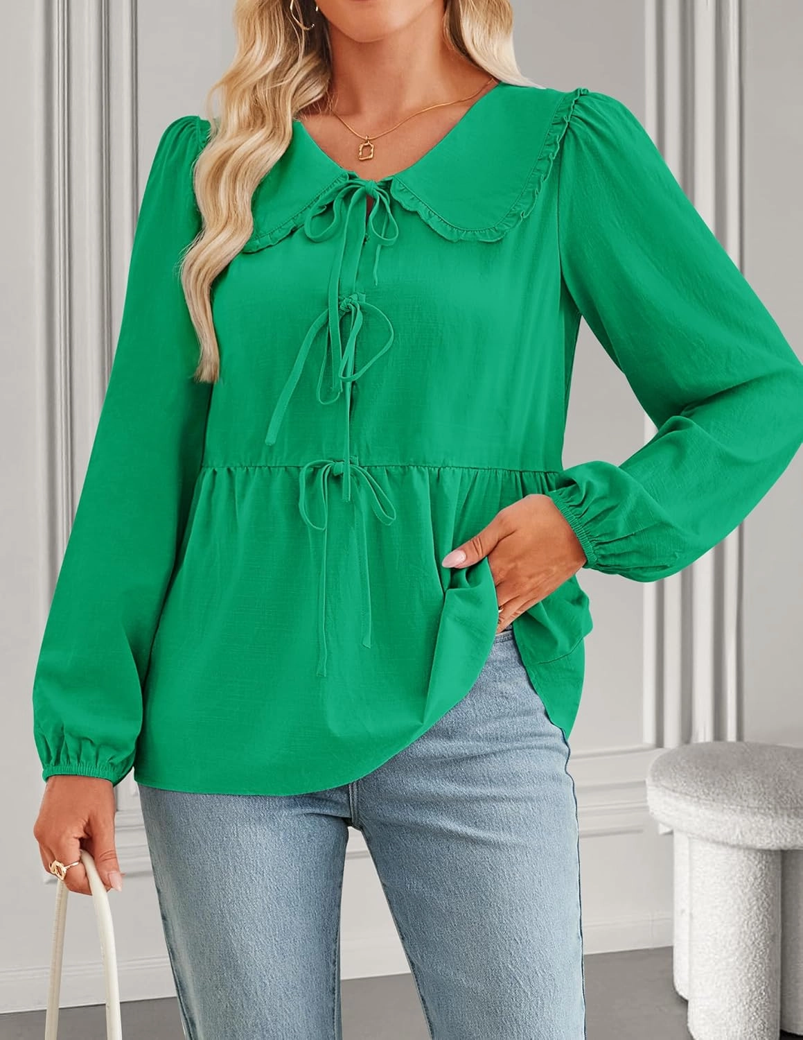 ZESICA Women's Tie Front Peplum Tops Long Puff Sleeve Lapel Collar Cute Babydoll Blouses Shirts