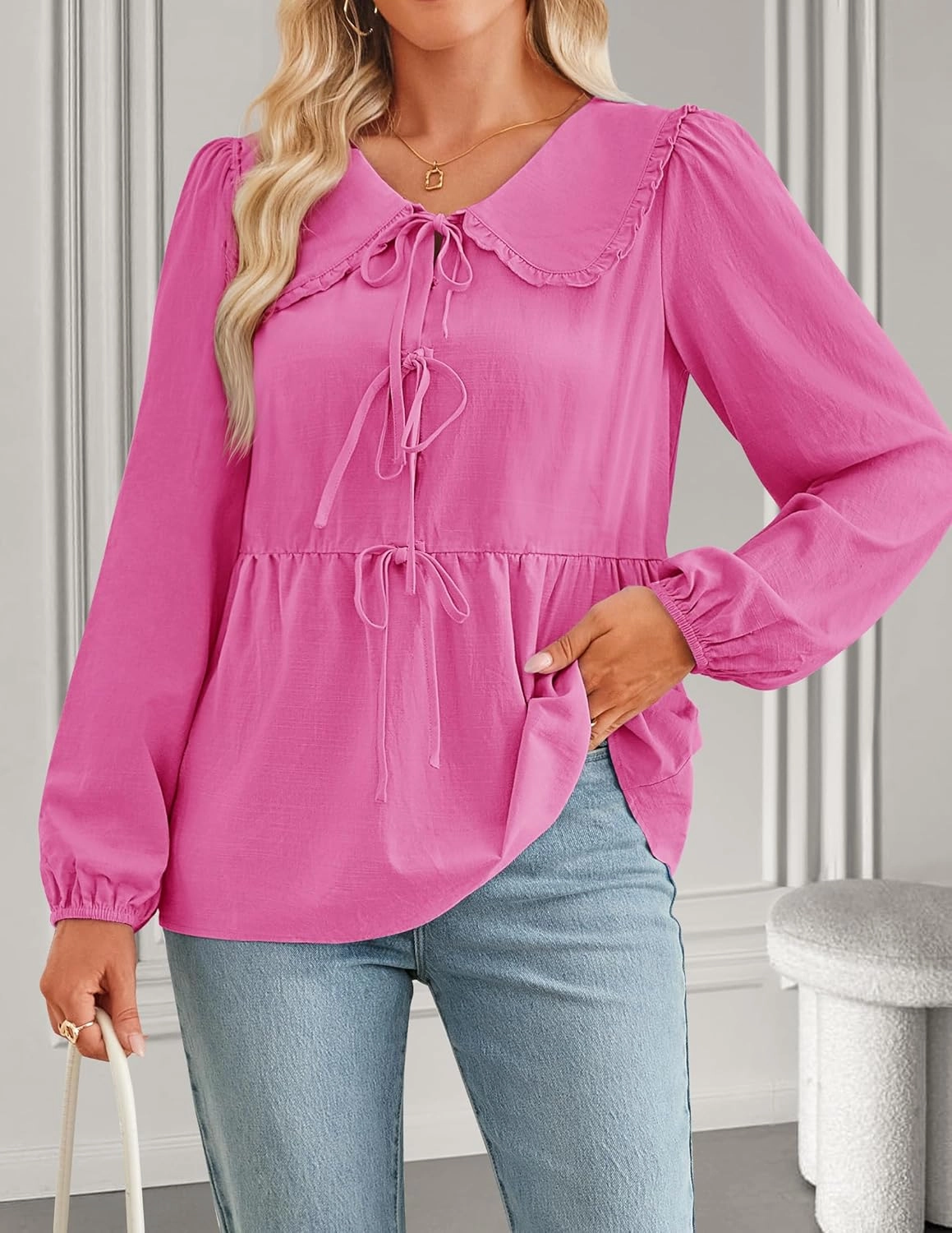 ZESICA Women's Tie Front Peplum Tops Long Puff Sleeve Lapel Collar Cute Babydoll Blouses Shirts