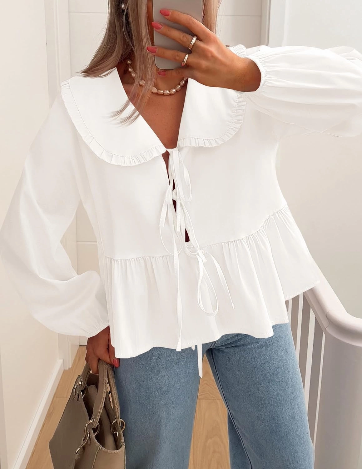 ZESICA Women's Tie Front Peplum Tops Long Puff Sleeve Lapel Collar Cute Babydoll Blouses Shirts