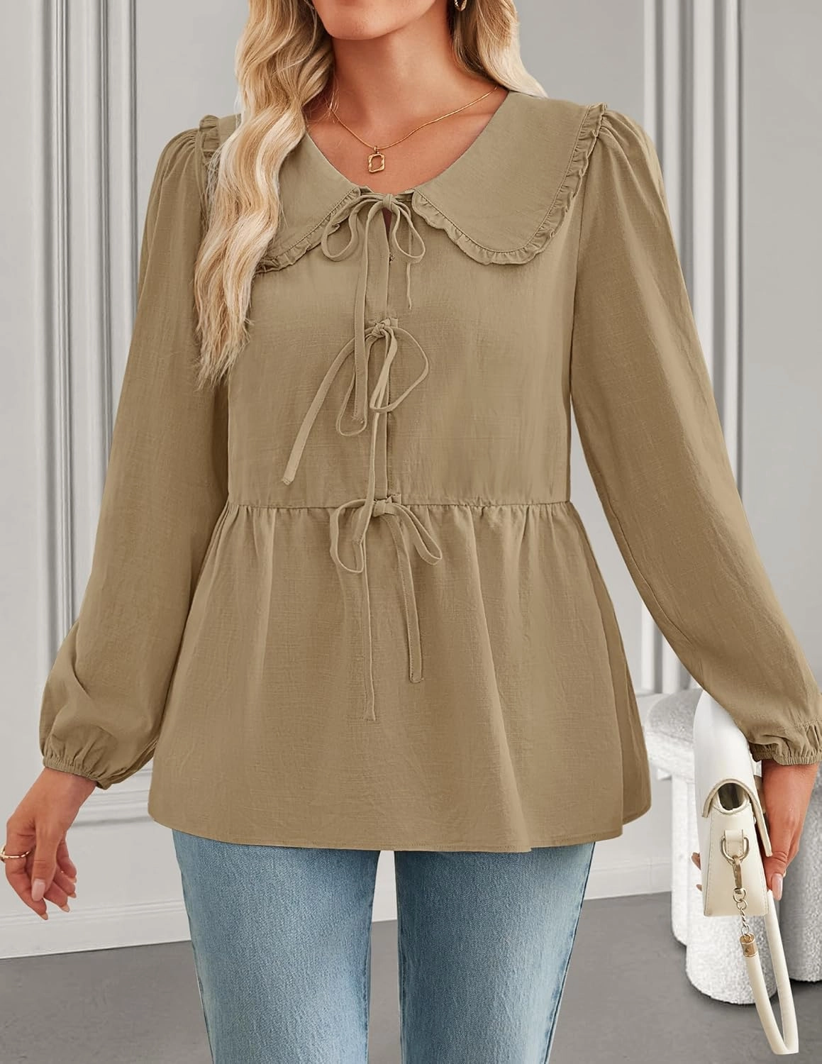 ZESICA Women's Tie Front Peplum Tops Long Puff Sleeve Lapel Collar Cute Babydoll Blouses Shirts