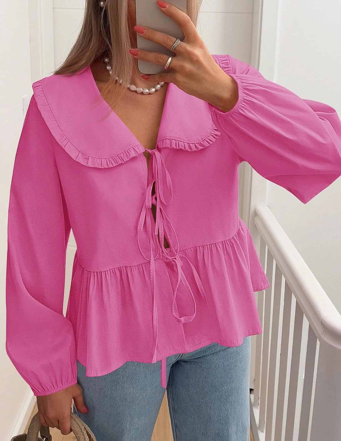 ZESICA Women's Tie Front Peplum Tops Long Puff Sleeve Lapel Collar Cute Babydoll Blouses Shirts