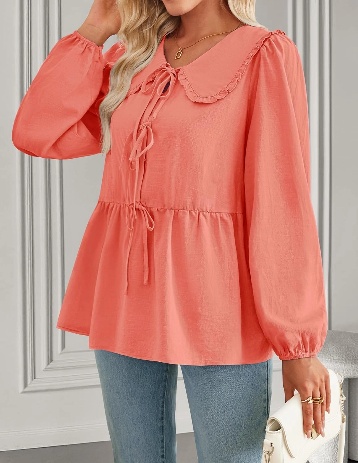 ZESICA Women's Tie Front Peplum Tops Long Puff Sleeve Lapel Collar Cute Babydoll Blouses Shirts