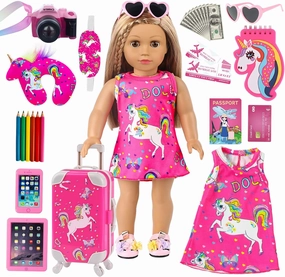 ZQDOLL American 18 Inch Doll Clothes and Accessories Travel Luggage Play Set Including 18 Inch Doll Clothes Travel Suitcase Travel Pillow and Eye Mask(NO Dolls)