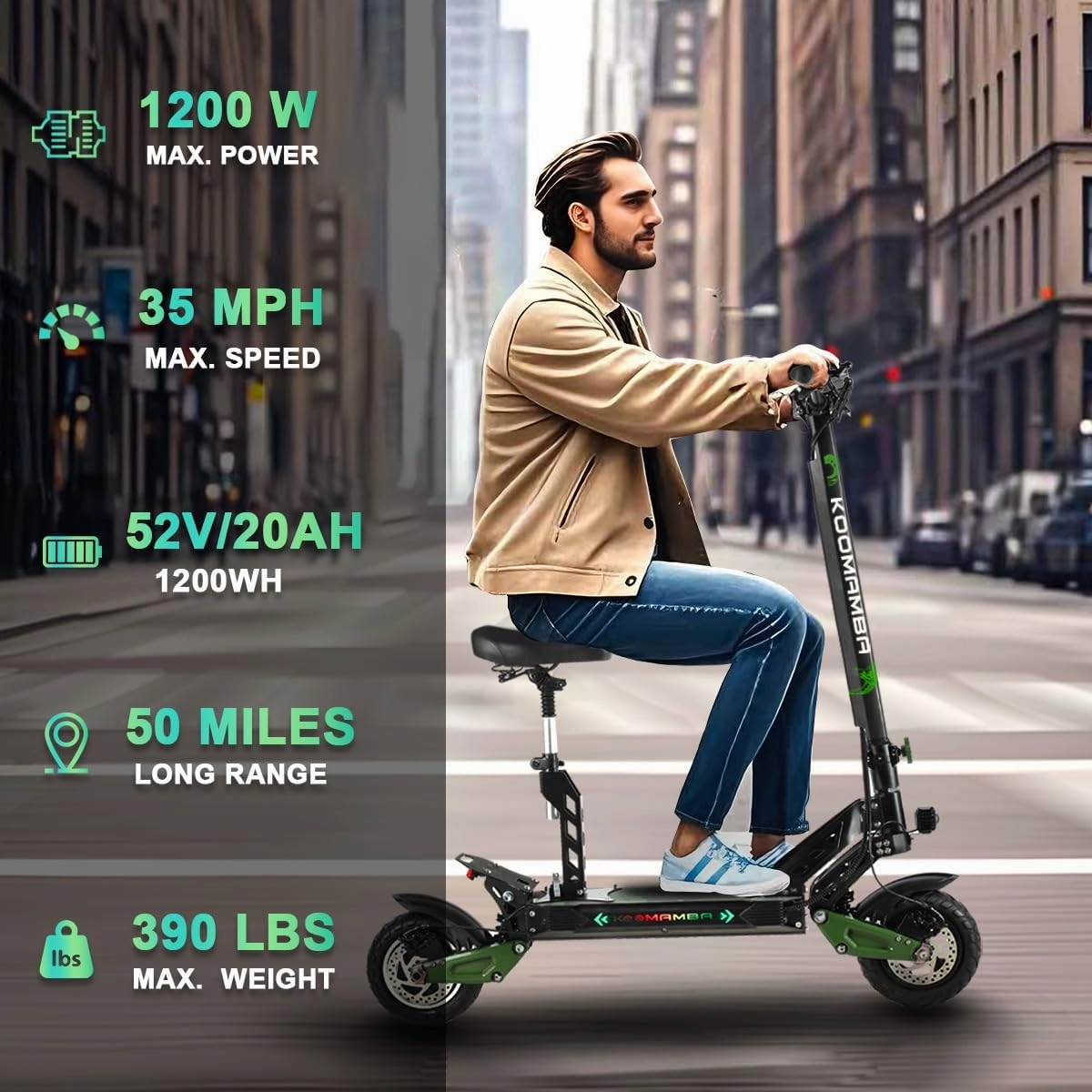ZU06 1200W Electric Scooter with Seat Up to 35 MPH, 52V/20Ah Battery 50 Miles Long Range, NFC Smart Unlock & Dual Disc Brakes, 10" Off Road Tires Fast Folding E Scooter for Adults with Seat